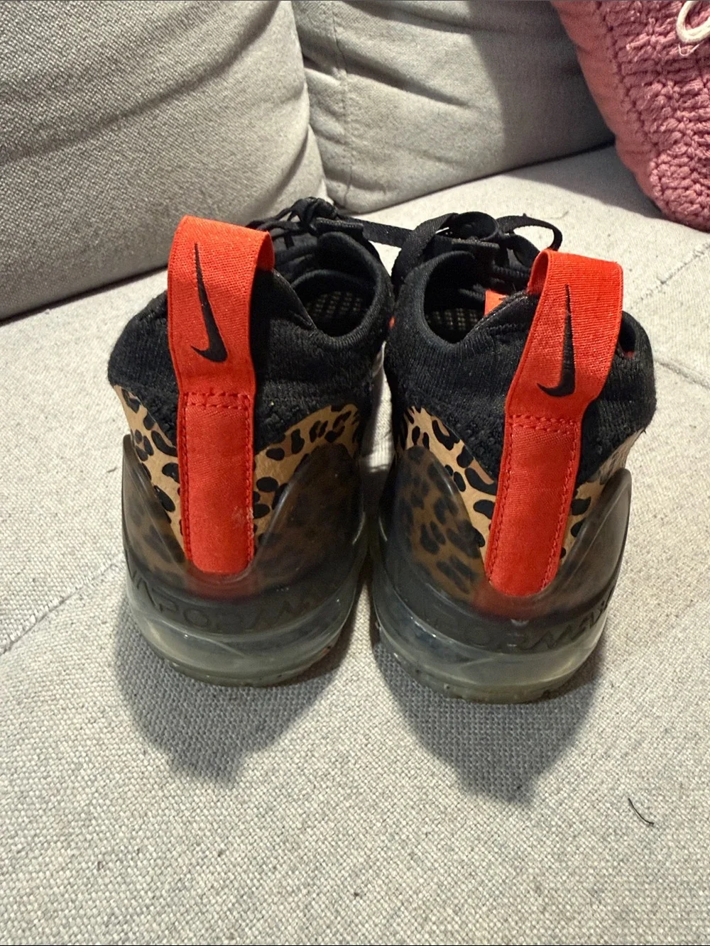 Nike Black Knit Sneakers with Red Swoosh and Leopard Heel - Picture 4 of 5